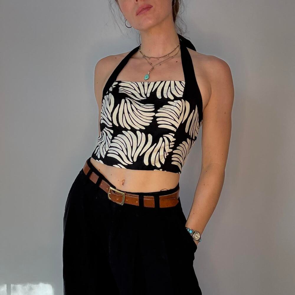 Black and White Abstract Floral Halter Top- size small